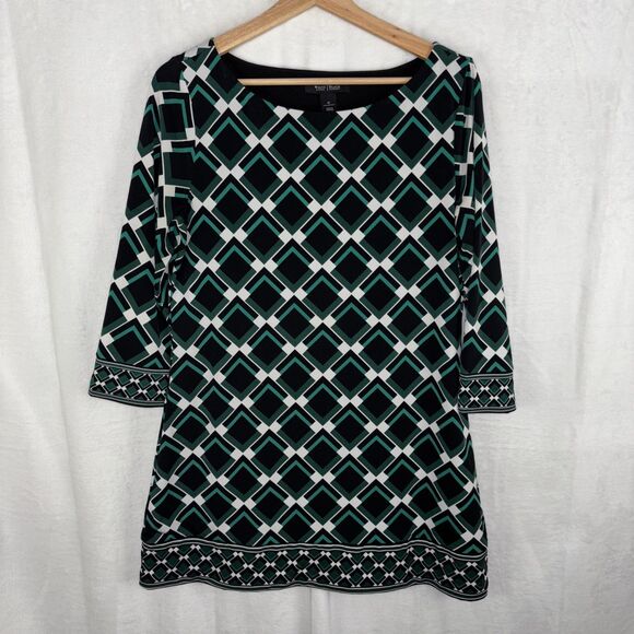 White House Black Market Tops - Geometric Artsy Tunic Shift Dress Black Green White 3/4 Sleeve Womens Medium